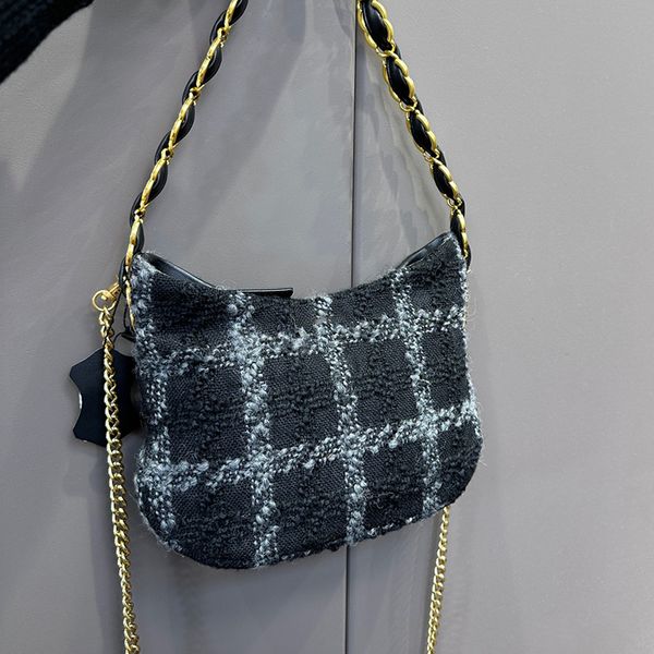 

womens designer tweed half moon hobo bags double chain gold metal hardware crosbody shoulder mini handbags with zipper cosmeitc case purse 2