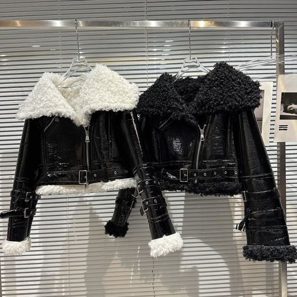 

womens leather faux prepomp winter bright pu buckle belt lambswool sailor turn down collar fur jacket women coat gh052 230131, Black