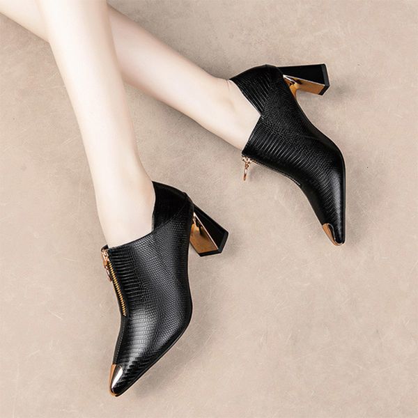 

dress shoes high heels bare boots autumn fashion women shoes square black zip leather ladies shoes metal pointed toe pump 8472 230201