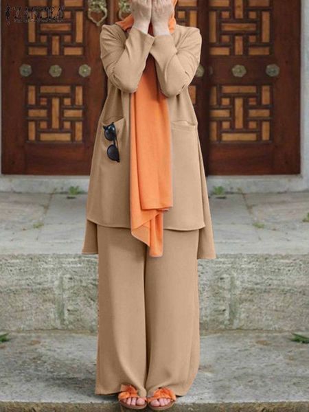 

ethnic clothing zanzea women 2pcs casual abaya hijab tracksuit vintage muslim pant sets summer long sleeve blouse suits loose matching 23013, Red