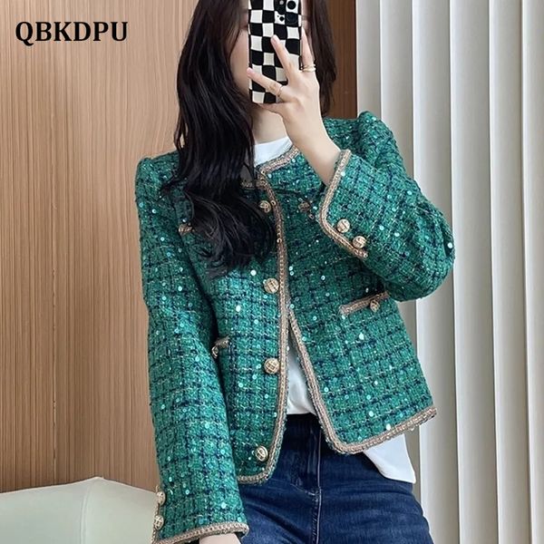 

womens jackets chic design sequins green plaid tweed cropped jacket women korean fashion buttons short coat vintage luxury chaquetas de muje, Black;brown
