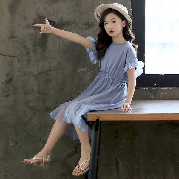 

girl's es summer teenager cotton mesh patchwork korean kids girls elegant casual children long style dress #8808 0131, Red;yellow