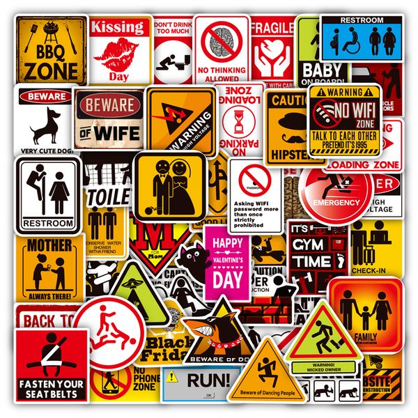 

50pcs warning sign style stickers waterproof vinyl stickers for lapwater bottle car decals w457