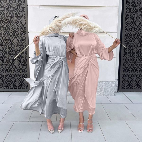 

ethnic clothing 3 pieces muslim sets eid satin abayas for women dubai hijab dress open abaya kimono islam modest outfit wrap front maxi skir, Red