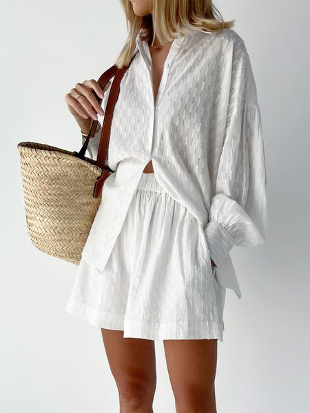 

women's two piece pants outfit matching sets summer 2pcs long sleeve lapel button jacquard shirt wide leg shorts 230131, White