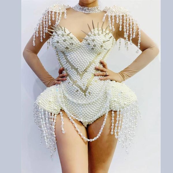

women's jumpsuits rompers designer rivets pearls tassel party bodysuit women white fringes dancer leotard nightclub showgirl dj singer, Black;white