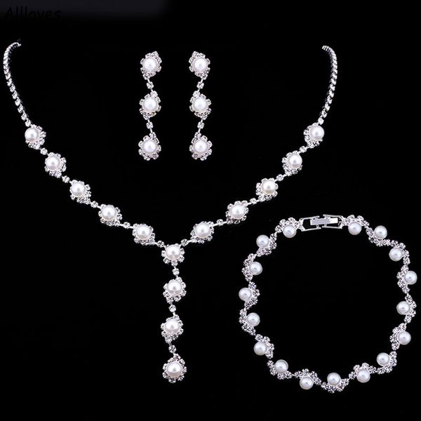 

fashion pearls crystal bridal jewelry sets for wedding sparkly rhinestones banquet zircon necklace dangle earring bracelet sets bride to be, White