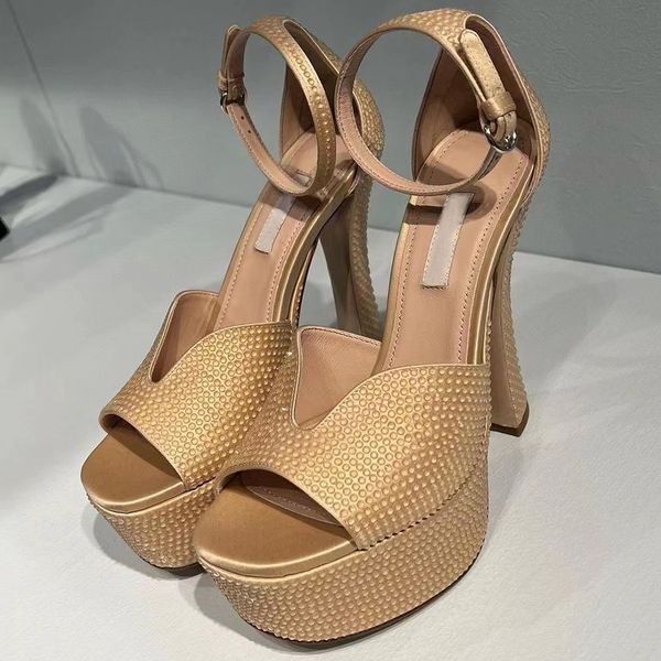 

new pattern sandals womens dress shoes high heeled women sandal waterproof platform rhinestone smooth satin dinner shoes 140mm women's, Black