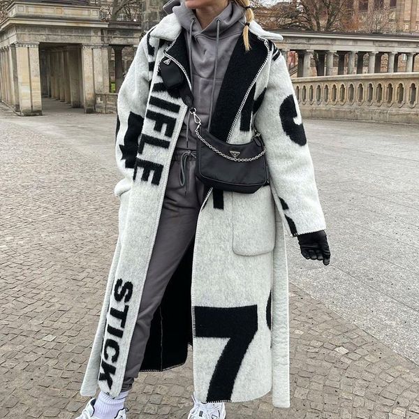 

women's jackets women long double sided print tweed coat autumn winter elegant lapel laceup fashion cardigan jacket sleeve loose outerw, Black;brown