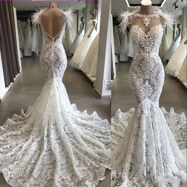 

2023 elegant lace mermaid wedding dresses bridal gown feather sleeveless backless custom made beach sweep train country plus size vestido de, White