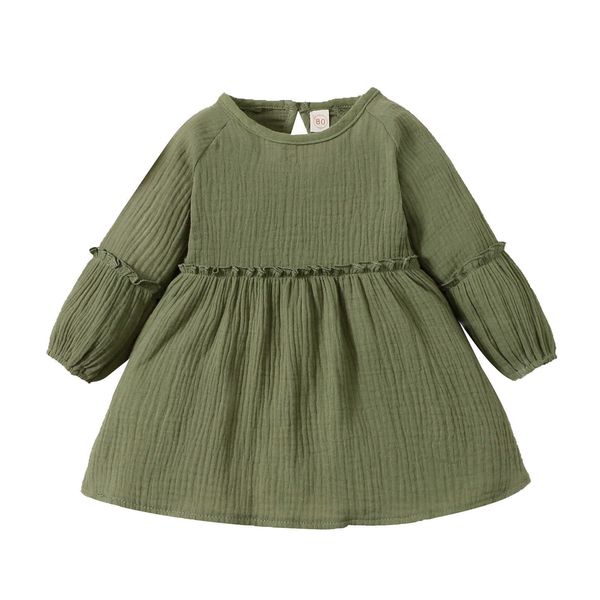 

girl's es kids baby girls spring autumn cotton linen long sleeve solid color round neck loose short dress green 9m-4t 0131, Red;yellow