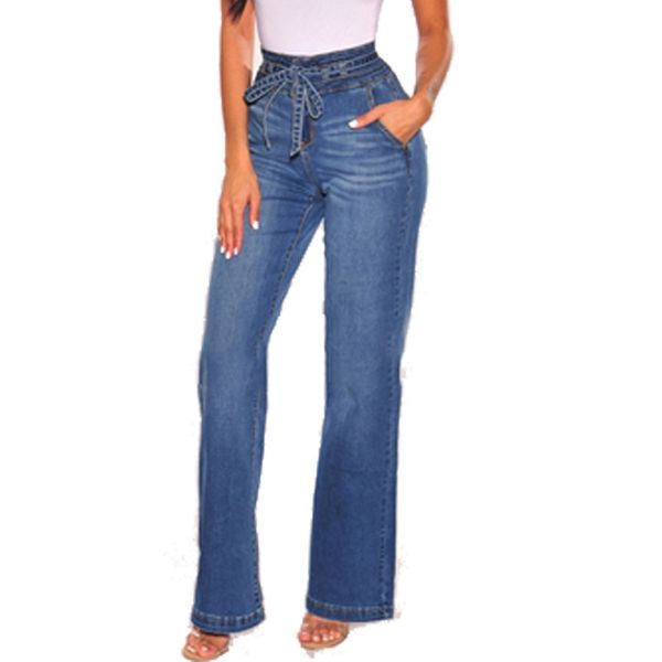 

jeans spring high waist wide leg tight hip belt women's jeans 6110, Blue