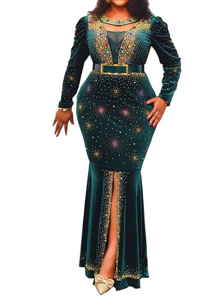 

plus size dresses gold velvet embroidered diamond abaya luxury evening dresses elegant mesh patchwork split mermaid robe national clothing 2, Black