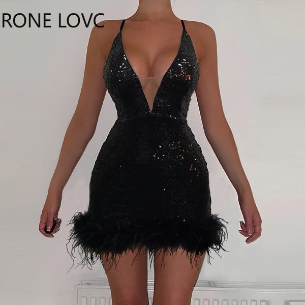 

set casual dresses women elegant sequins deep v neck halter straps feather patchwork mini bodycon party dress 230131, Red;black