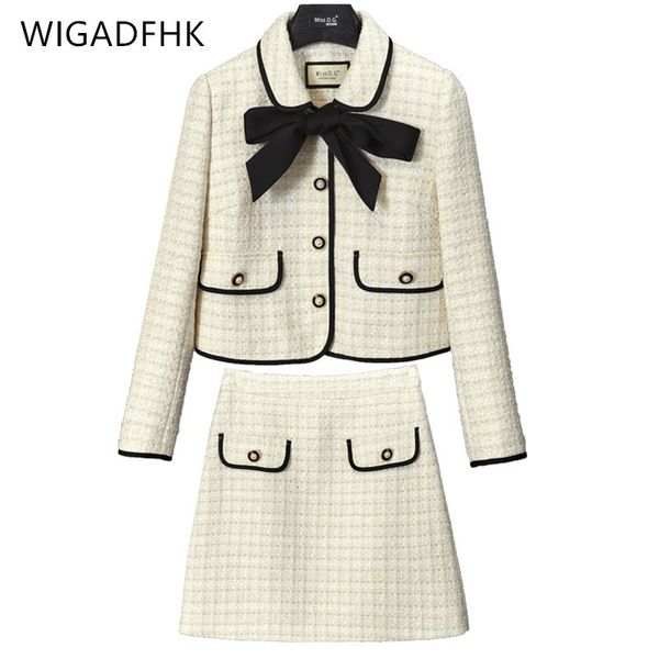 

two piece dress high-quality small fragrant tweed suit female autumn western style bow tie short jacket a-line skirt elegant two-piece 23020, White