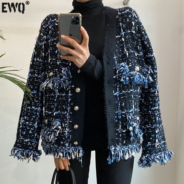 

women's knits tees ewq korea chic autumn winter v-neck tassel wool mixed color knitted cardigan loose long sleeve black sweater coat 16, White