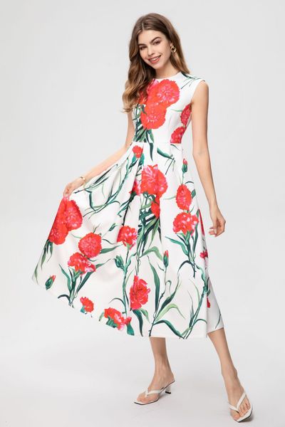 

high-quality sleeveless round-neck printed tempremant dress, Black