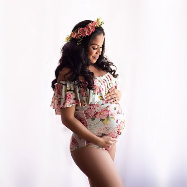 

sleep lounge summer floral printing stretchy maternity po shoot bodysuits slash neck ruffles pregnant women pography jumpsuits 230201, White