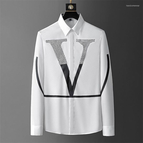 

big v rhinestones slim long sleeve shirt trend lapel s casual social club outfits black white shirts men dress, White;black