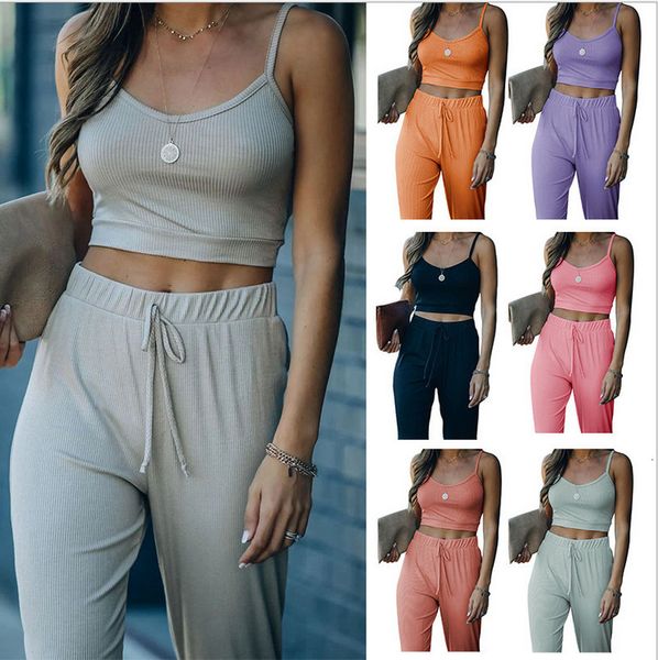 

women's tracksuits ziptac spring summer woman solid color suspender knitted sports casual pants set 230131, Gray