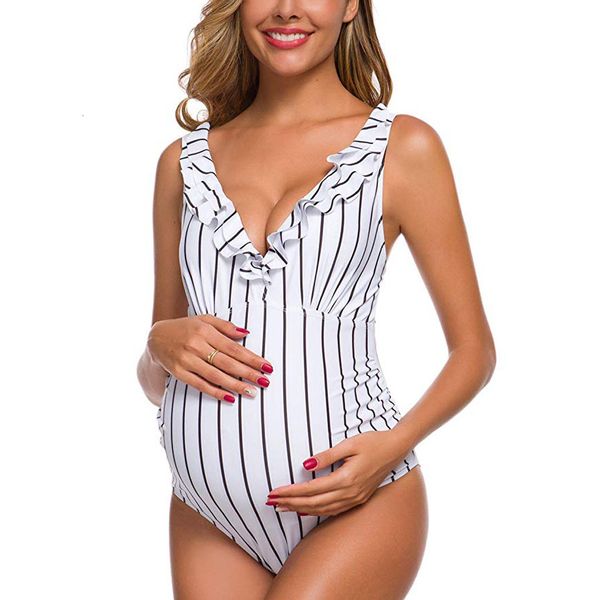

maternity swimwears swimsuits pregnancy wrap front belted bow tie swimwear pregnant striped beachwear monokini 230201, White