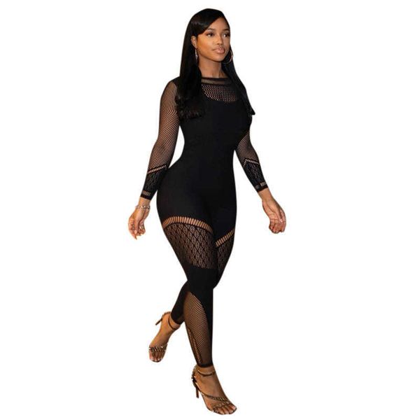 

womens hollow out jumpsuits long sleeve mesh one piece pants in spring, Black;white