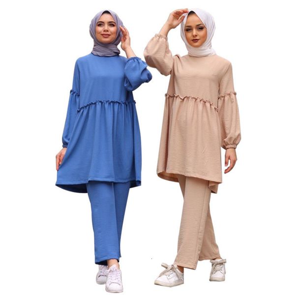 

ethnic clothing women muslim two-piece set soild islamic loose fit mid-long with pants ramadan abaya suit clothes 230131, Red