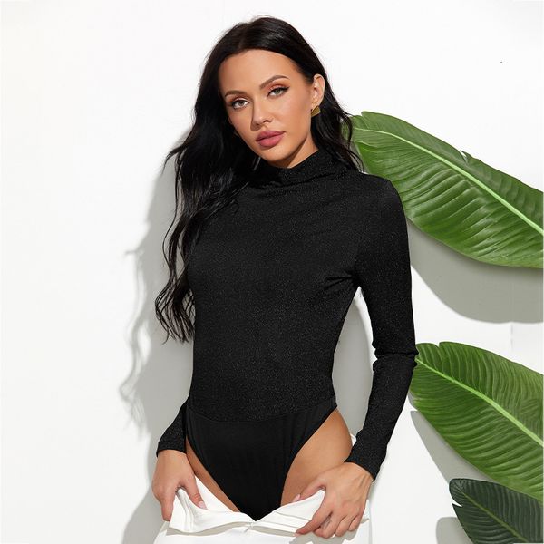 

women's jumpsuits rompers bright silk black bodysuit casual half turtleneck long sleeve autumn winter bodycon bottoming playsuits 23013, Black;white