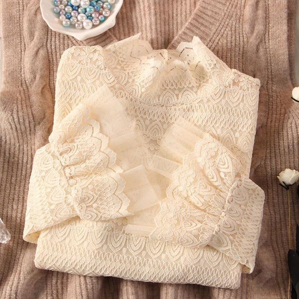 

womens tshirt woman tshirts womens turtleneck lace mesh autumn winter coat mujer camisetas 230131, White