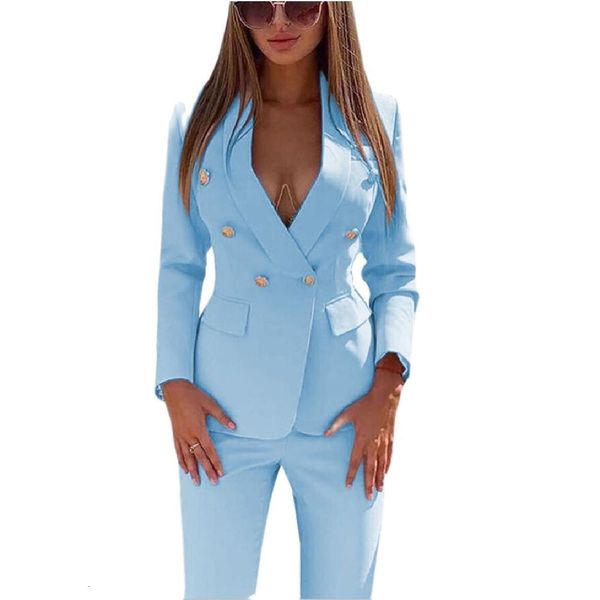 

women's two piece pants light blue ladies uit business classic doublebreasted buttons nine blazer set formal suits 230131, White