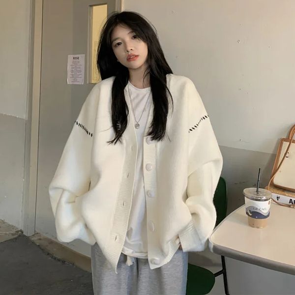 

women's knits tees lucyever autumn winter lazy v-neck sweater cardigan women college style soft loose sweater woman casual solid knitte, White