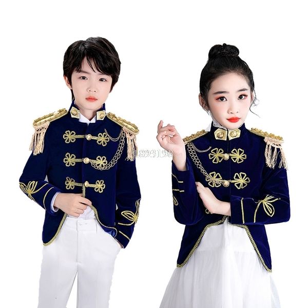 

suits children's velveteen blue navy style boys girls stage performance costumes kids catwalk drum band flag raising army clothing set, Black