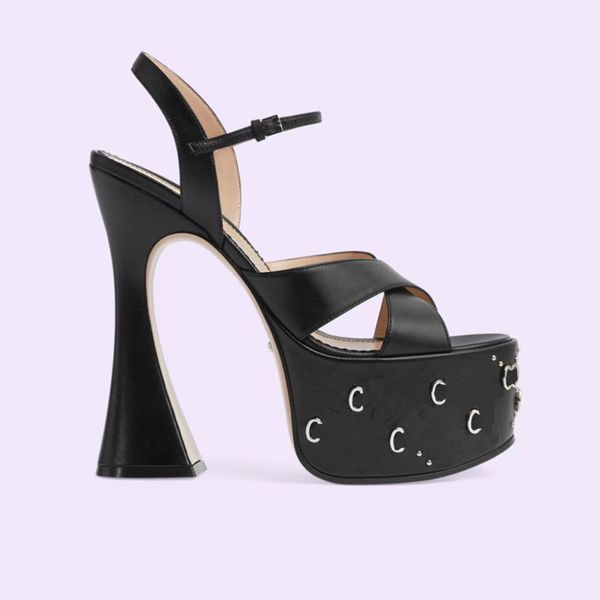 

hentian sandals for womens fashion buckle slippers designer metal nail full of drill embellishment platform cool shoes 15.5cm high heeled op, Black