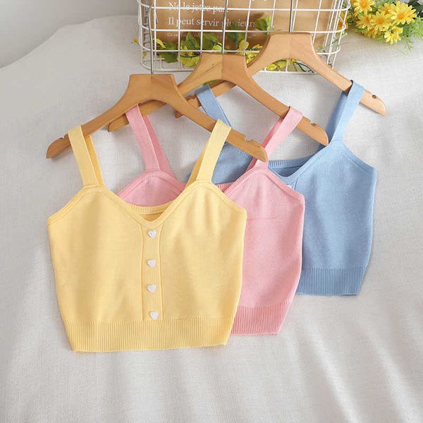 

women's tanks camis pearl diary women strappy knitting summer v neck plastic buttons front sleeveless crop korean style sweet kaii y2, White