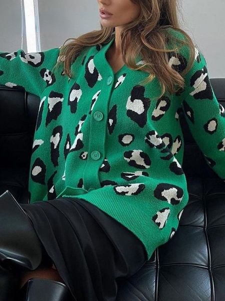 

women's knits tees bornladies winter leopard print cardigan women oversize knitted jacket loose green thick warm sweater cardigan for w, White