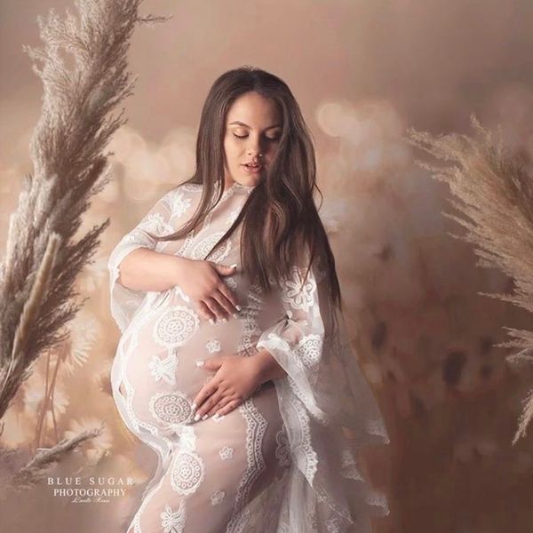 

sleep lounge bohemian po shooting pregnancy dress lace hollow out long boho transparent beach skirt maternity pography props 230201, White