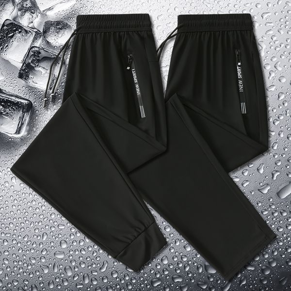 

men's pants summer korean ice silk elastic trousers cool thin casual men's loose long large size small foot sports 8xl 230131, Black
