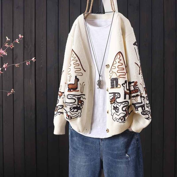 

women's knits tees autumn and winter jacket loose literary v-neck long-sleeved embroidery women's knitted cardigan retro sweater 2, White