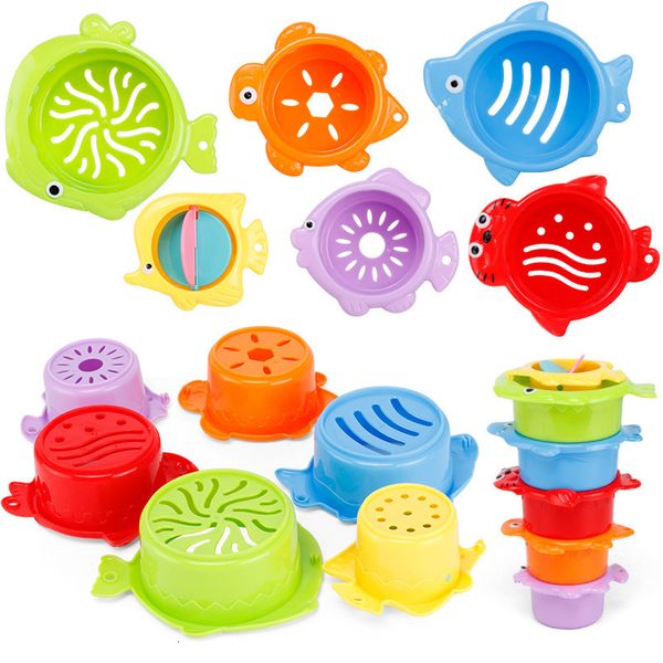

bath toys 6pcs/set baby float water stacking cups classic bath toy swimming educational toys for children plastic fish animal for bathroom 2