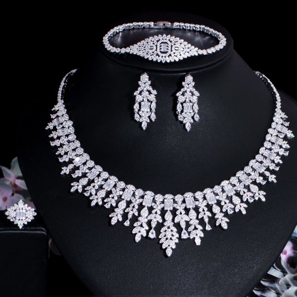 

wedding jewelry sets cww 4 pcs tassel drop cubic zirconia big banquet necklace dubai white gold color bridal party costume t600 230131, Slivery;golden