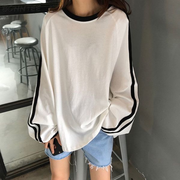 

womens tshirt long lantern sleeve tshirts women breathe spring korean style patchwork mujer allmatch casual college simple daily tees 23013, White