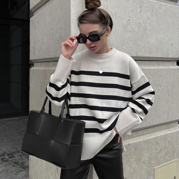 

women's sweaters ladies autumn winter striped knitted loose sweater women pullover long sleeve o neck casual streetwear women sweater, White;black