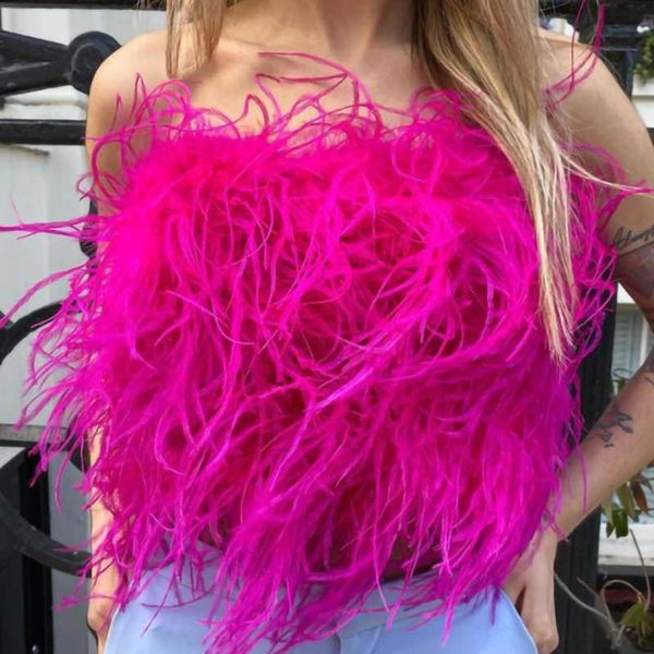 

women's tanks camis furry crop camis women ostrich feather bustier tank tunic vest sleeveless bra night club party female tube cropped, White