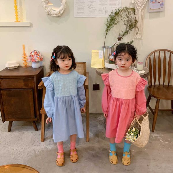 

girl's dresses korean children casual spring clothing 2022 new elegant flounced sleeve kids girls princess dress cotton #9361 0131, Red;yellow