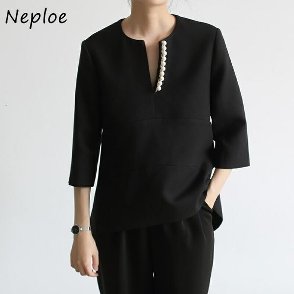 

womens tshirt kuzuwata v neck chic heavy beading threequarter sleeve tshirts casual solid fashion pullover tees summer women 230131, White