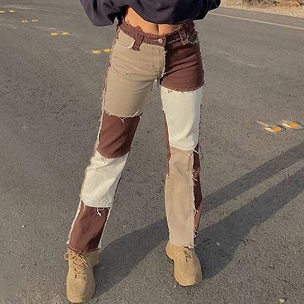 

women's jeans autumn brown women cowboy striped patchwork street casual hip hop high waist loose straight fashion pants 230201, Blue