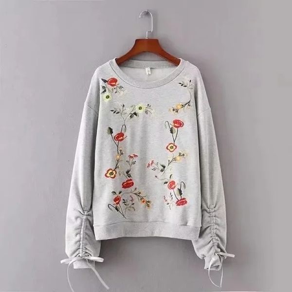 

women's jackets spring and autumn gray plant embroidery design crew neck long sleeve smoke pleated hoodie retro french style 230131, Black;brown