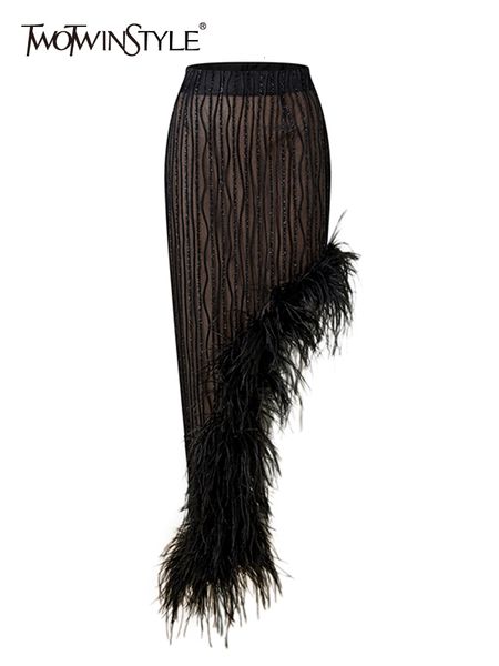 

skirts twotwinstyle feathers hem skirt for women high waist asymmetrical solid midi female clothing summer fashion 230201, Black