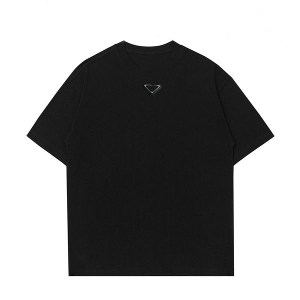 

new t-shirt cotton fabric spring and summer men's and women's fashion classic metal triangle letter logo round neck solid, White;black
