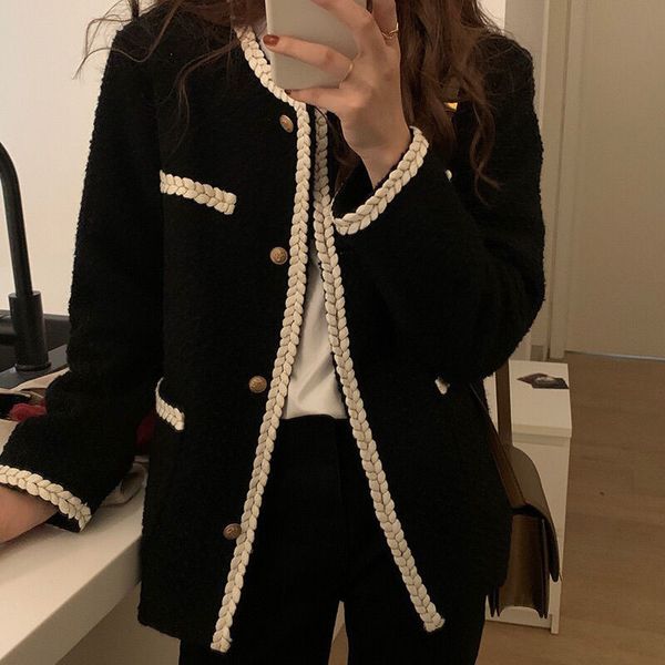 

womens jackets fall winter black elegant jacket loose fashion knitted women cardigan casual premium outerwear 230131, Black;brown